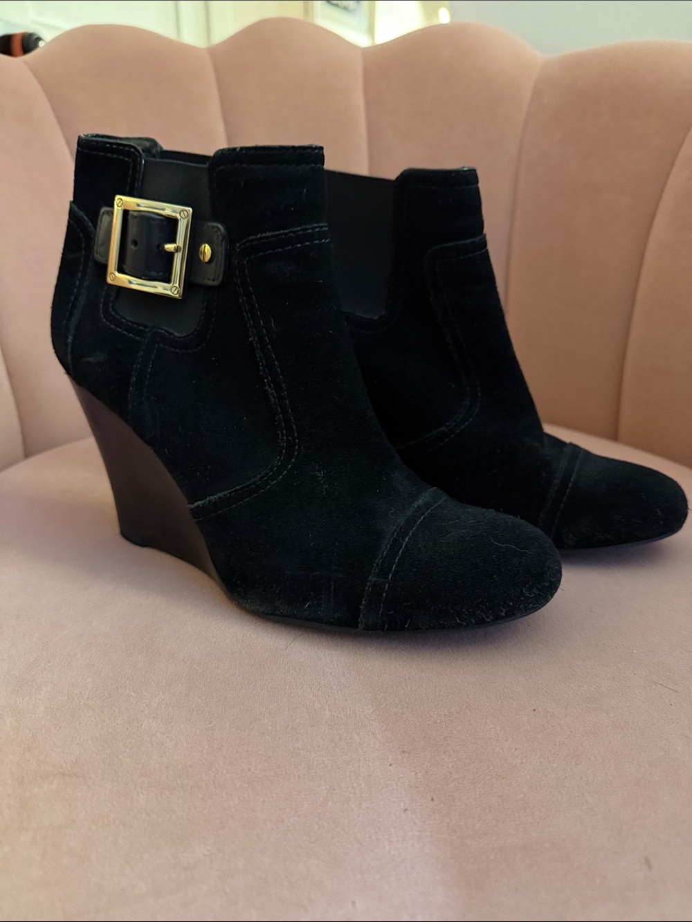 Tory Burch Black Suede Wedge Ankle Booties Gold Buckle, 9.5
